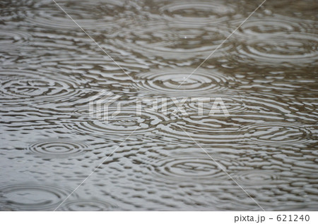 雨 水溜り 波紋 水面の写真素材