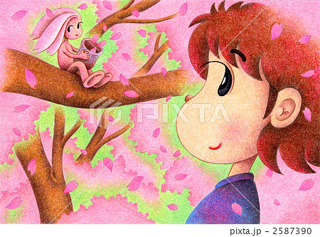 女の子 色鉛筆画 桜の花びら 桜の写真素材