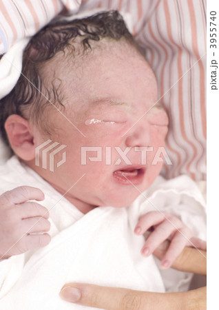 産声 小さい 新生児の写真素材