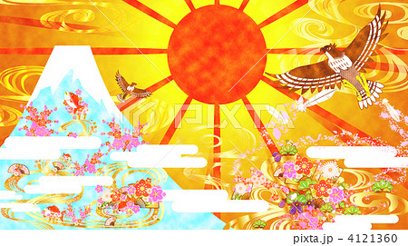百花繚乱 日の出 富士山 花鳥風月 正月 梅の花 デザインのイラスト素材