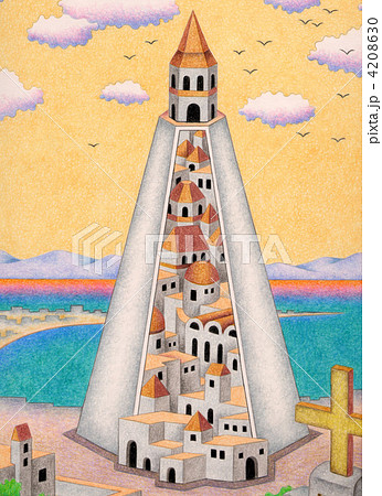 色鉛筆画 幻想的 塔 ファンタジー アナログイラストの写真素材