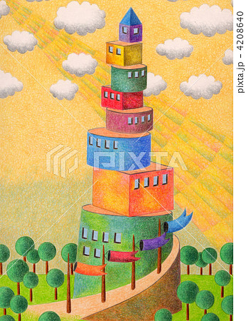 色鉛筆画 幻想的 塔 ファンタジー アナログイラストのイラスト素材