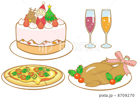 クリスマス料理 チキン クリスマスケーキ ピザのイラスト素材