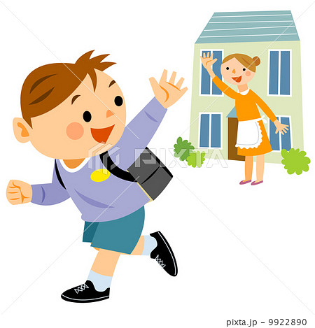 見送り 登校 お母さん 男の子のイラスト素材