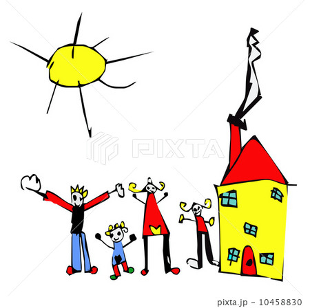Child drawing of family, sun and house