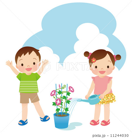 小学生 男の子 朝顔 水やりのイラスト素材