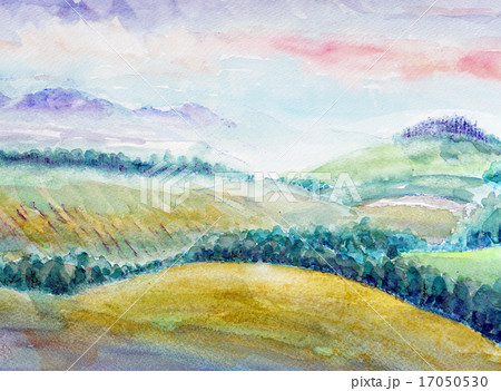 水彩画 キガラシと十勝岳連峰 富良野の自然風景 富良野 美瑛 北海道