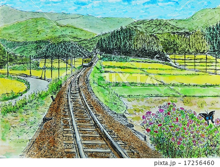 水彩画 里山 秋 風景画のイラスト素材