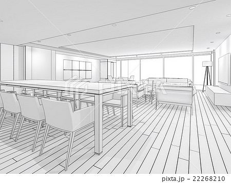 白黒 線画 リビング 住宅のイラスト素材