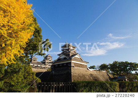 秋 紅葉 熊本城 武者返しの写真素材