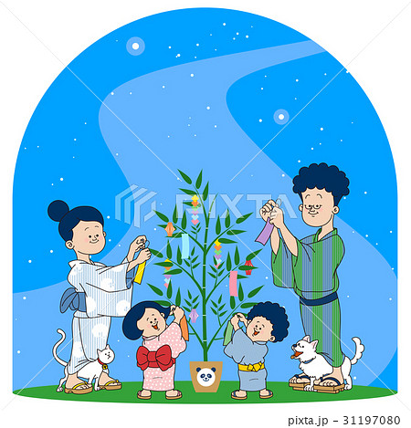 七夕飾り 家族 天の川 のイラスト素材