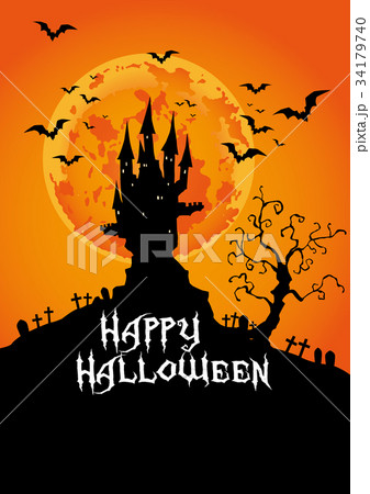ハロウィン コウモリ 城 シルエットのイラスト素材