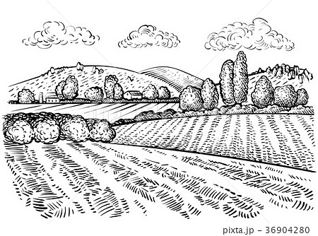 田舎 田舎の 風景 手描きのイラスト素材