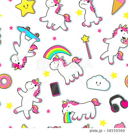 Seamless Pattern With Cute Unicorn Charactersのイラスト素材