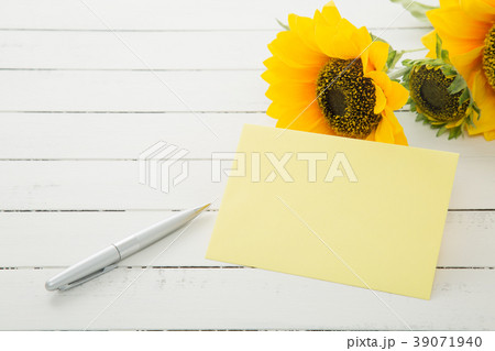 手紙 ボールペン ひまわり 夏の写真素材