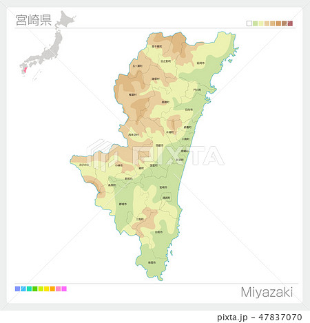 宮崎県の地図 等高線 色分け 市町村 区分け のイラスト素材
