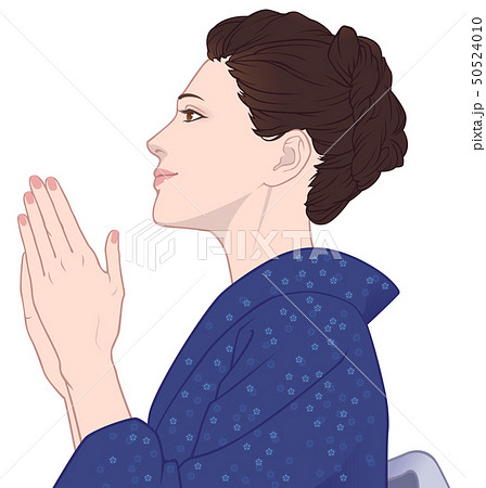 女性 浴衣 合掌 祈るのイラスト素材