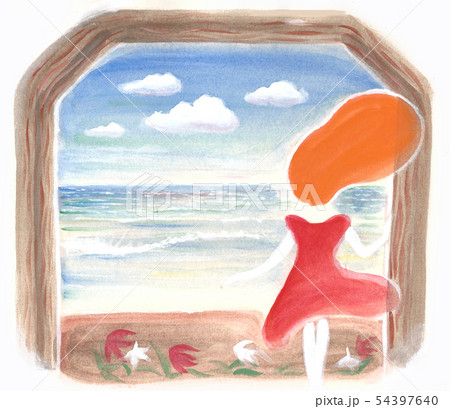 赤い服の少女 水彩画美術品/アンティーク