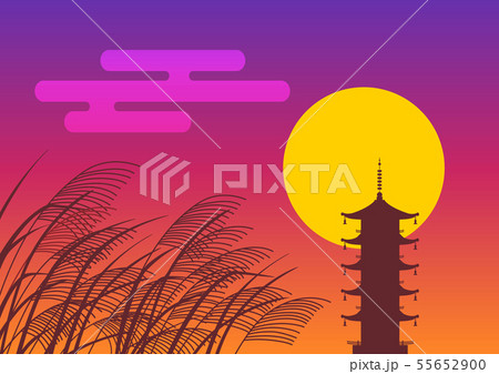 夕焼け 五重塔 夕日 寺のイラスト素材