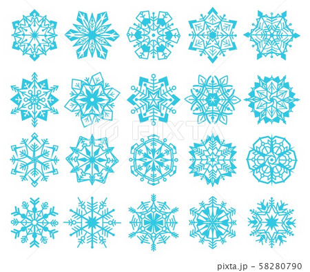 Doodle snowflakes. Variations of winter blue symmetrical snow