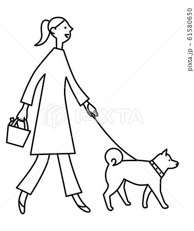 柴犬 犬 散歩 女性のイラスト素材