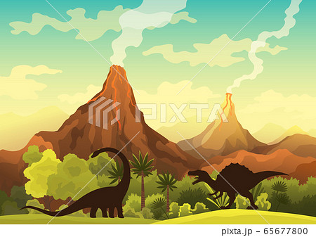 恐竜 火山 噴火 ティラノサウルスのイラスト素材