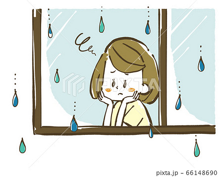 雨の日に憂鬱そうに窓の外を眺める女性のイラスト素材