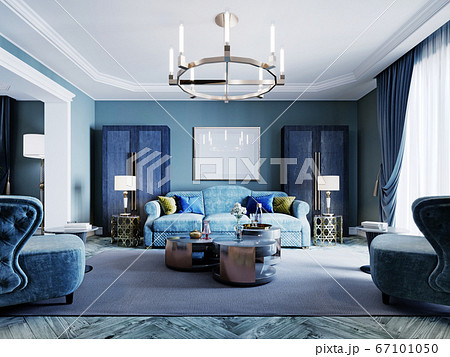 リビング 青 ソファ インテリアのイラスト素材