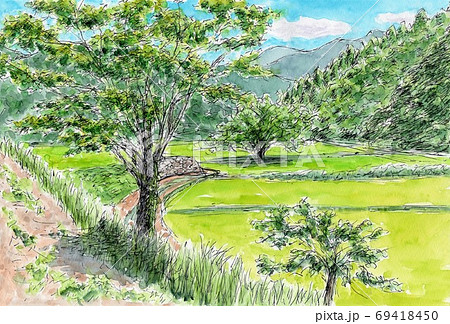 風景画 水彩画 田舎 里山のイラスト素材 - PIXTA