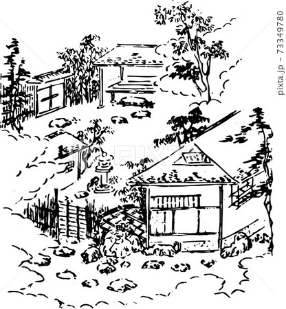 水墨画 日本の伝統的な家屋 水墨画 日本の伝統的な家屋