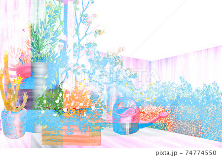 幻想的な美しい色合いで手書きした庭の風景イラストのイラスト素材