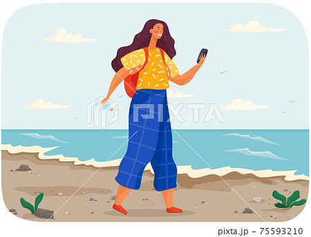 line art side view young woman with sunglasses standing on beach