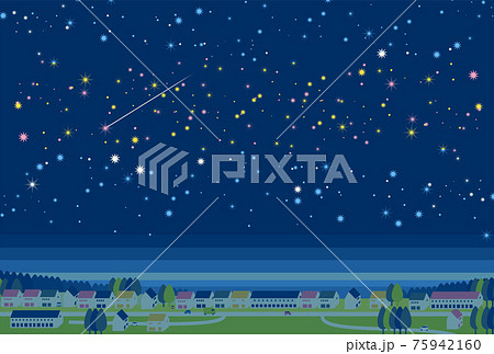 風景 夜空 木 流れ星のイラスト素材