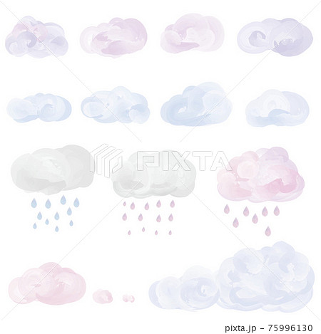 水彩画風の雲と雨イラストセットのイラスト素材