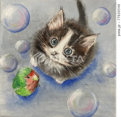 猫ちゃんのくり抜きシルエット❤水彩画風水玉シャボン玉のバッグチャーム