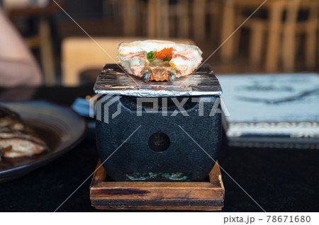 Kani Miso with Ebiko shrimp roe in crab shell...の写真素材