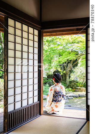 女性 着物 後姿 正座の写真素材