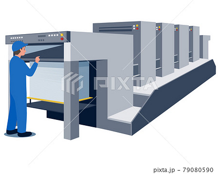 印刷会社で印刷機を操作する男性作業員のベクターイラストのイラスト素材
