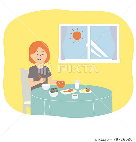 ご飯をたくさん食べる女性のイラストのイラスト素材