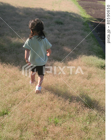 女の子 草原を走る子供 後ろ姿の写真素材