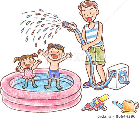 子供 水 水遊び ホースの写真素材