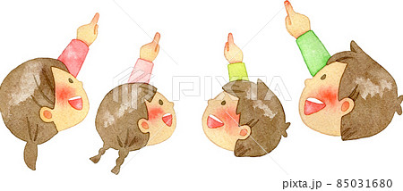 上を指さす家族のイラスト