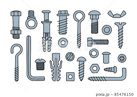 Realistic metal screw. Hardware tools. Bolt top and side view. Fixing nut.  Nails head. Stainless steel signs for construction. Fastening elements set.  Vector illustration utter icons Stock Vector