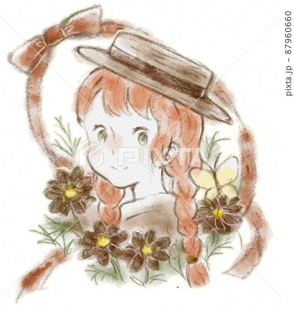 手書きイラスト、赤毛のアン、花の中で1日が終わる