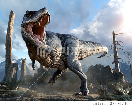 T-Rex Dinosaur, Tyrannosaurus Rex reptile running, prehistoric Jurassic  animal in deserted nature environment, 3D illustration Stock Illustration