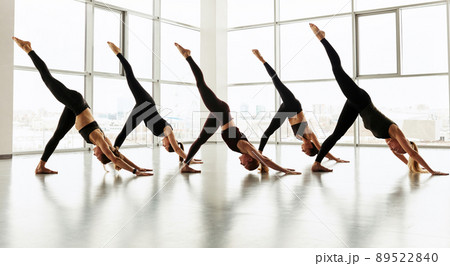 Pilates Indoor. Fit Caucasian Woman Practice Inverted Shoulder