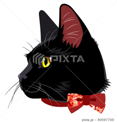 赤いリボンを結んだ黒猫の横顔のイラスト素材