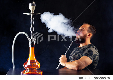 Hookah Head, Clay Bowl and Pipe, Smoking Object in Smoke and Blue