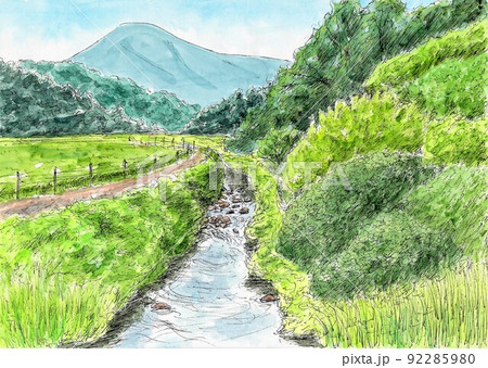 田舎 里山 水彩画 風景画 小川のイラスト素材 - PIXTA