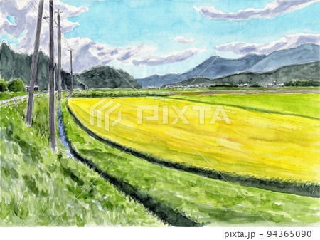風景 水彩画 秋 田んぼの写真素材 - PIXTA